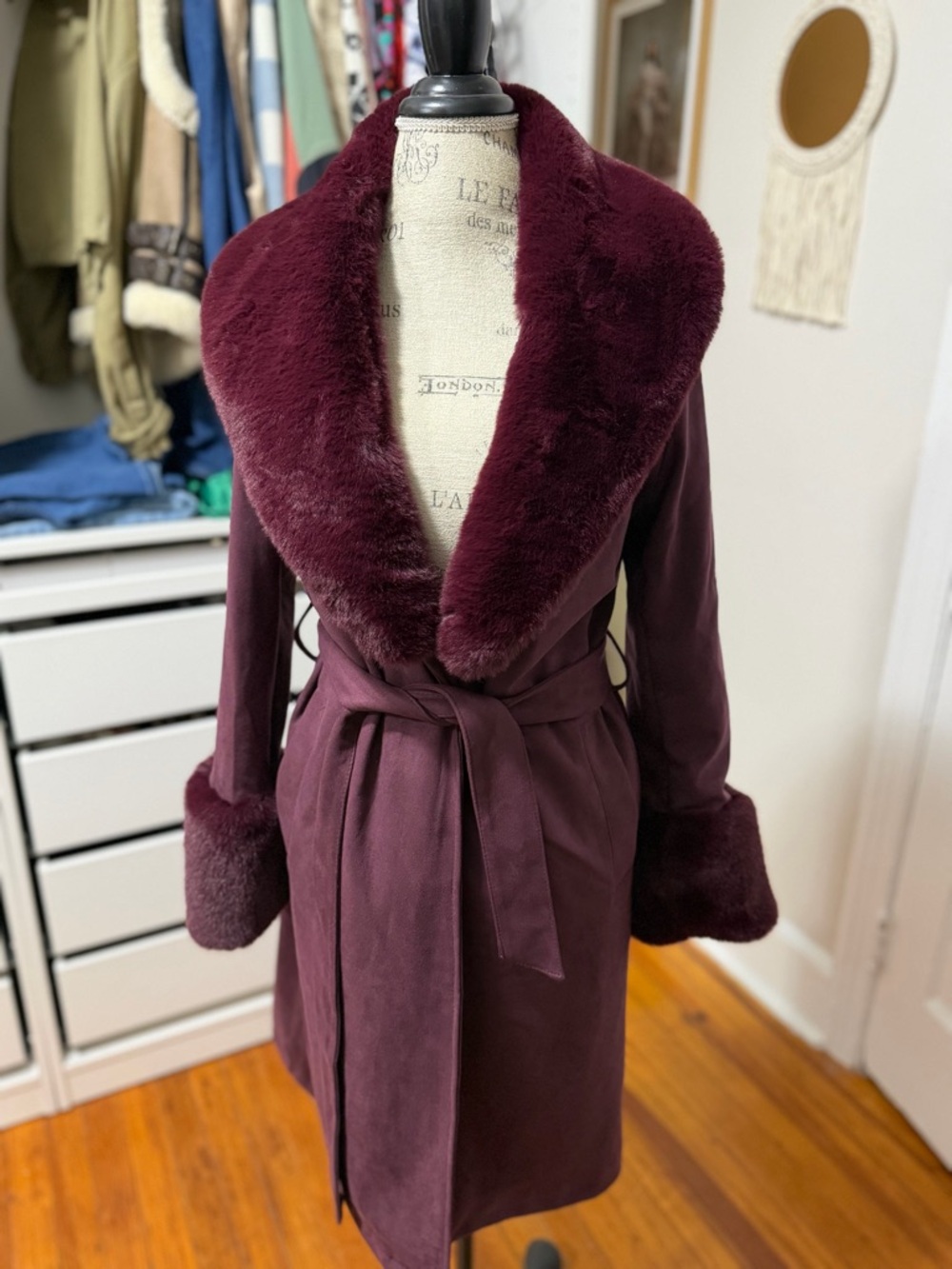 Forever 21 Burgundy Faux-Fur Trim Belted Trench Coat